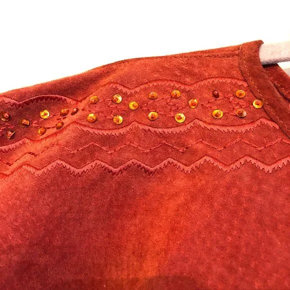 Western Boho Suede Leather Fringe Poncho Cape Rust Terracotta Newport News SM - Picture 8 of 13